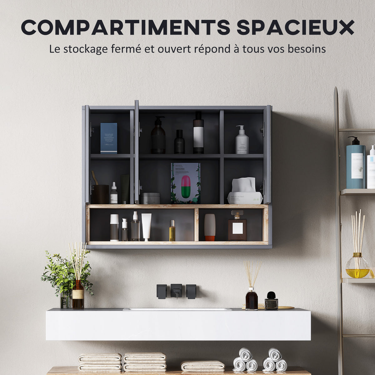 Meuble salle de bain avec miroir, armoire toilettes murale avec placards à 3 portes et 8 compartiments, gris