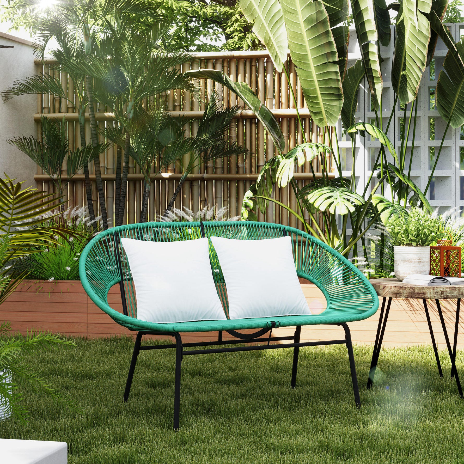 Banquette banc de jardin 2 places en acier et cordage en résine avec 2 coussins - dim. 132L x 72l x 83H cm - vert foncé