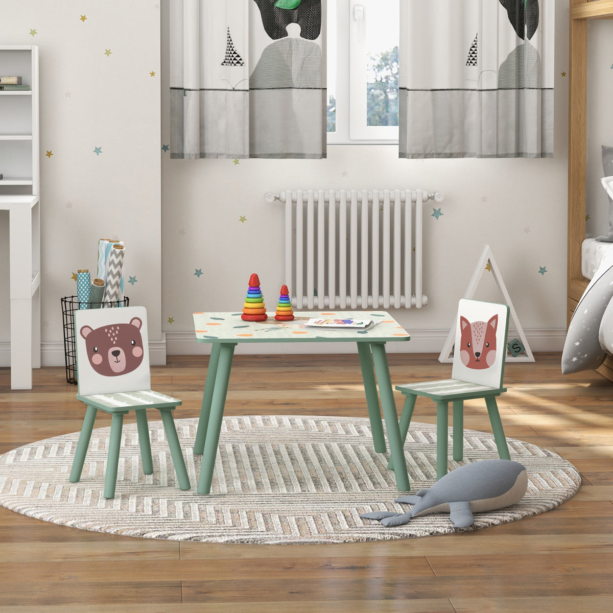 Table et 2 chaises pour enfants 3-8 ans ensemble 3 pièces motif animaux pour chambre à coucher salle de jeux vert