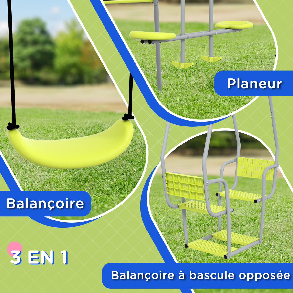 3 en 1 balançoire portique enfant avec 2 face à face et 1 siège de balançoire charge max. 225 kg vert