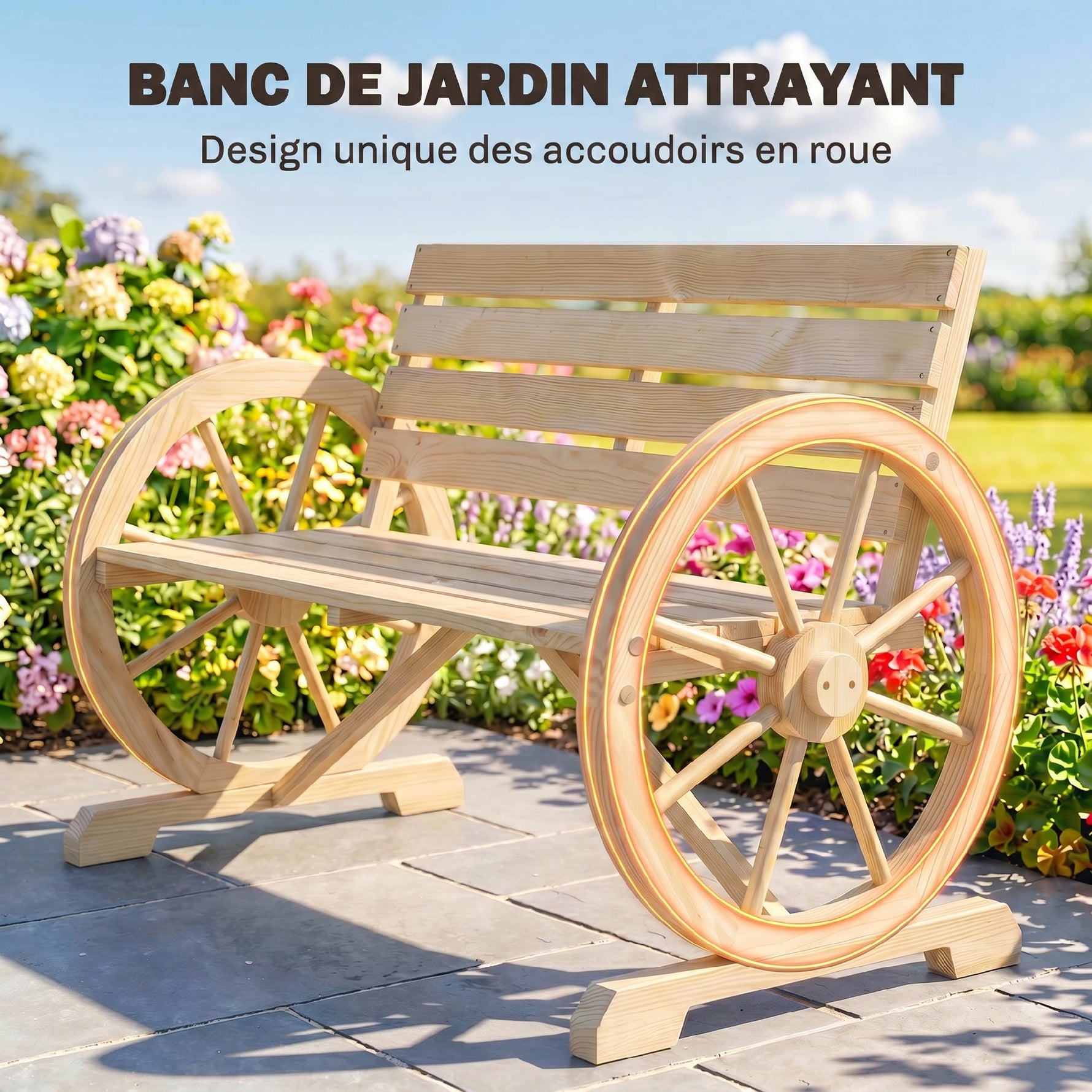 Banc de Jardin banc 3 places en bois Style Rustique Chic accoudoirs Roues Charette Bois Sapin effet bois naturel