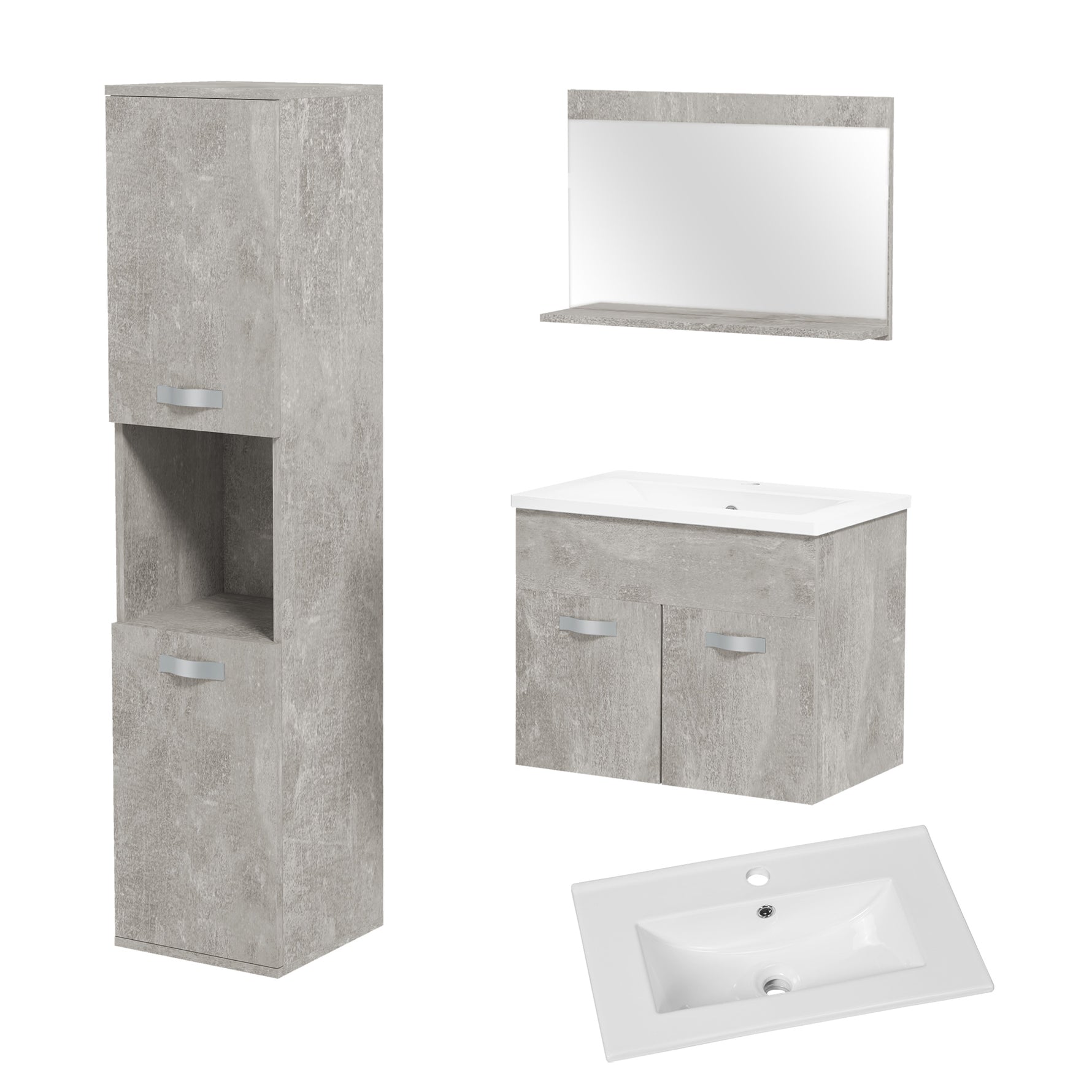Ensemble de Meubles de Salle de Bain 4 Pièces, Mural, avec Miroir, Meuble sous Vasque, Lavabo et Armoire Haute, gris