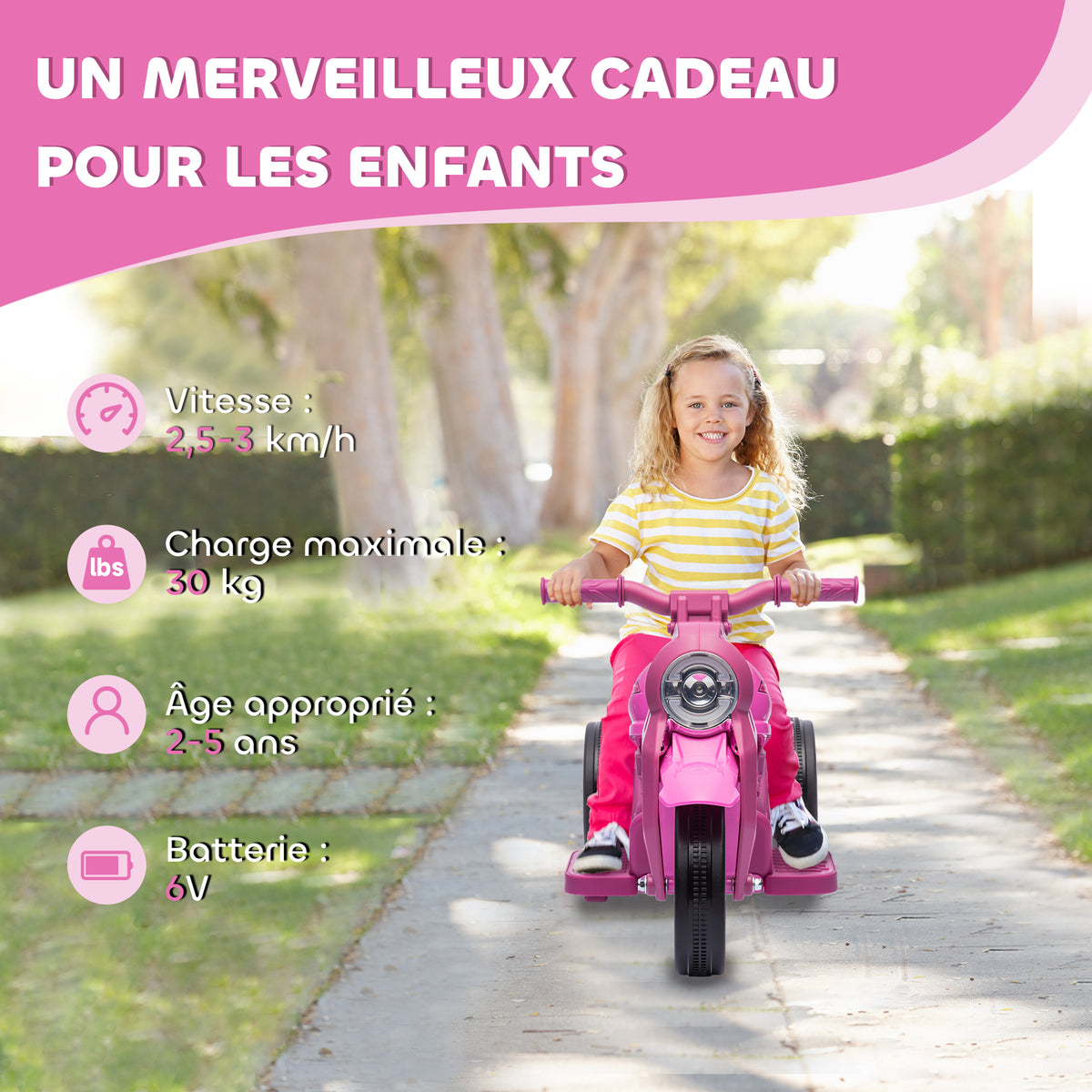 Moto électrique enfants 2-5 ans, 3 roues, 6 V, 3 km/h, avec fonction de bulles, effets lumineux et sonores, rose