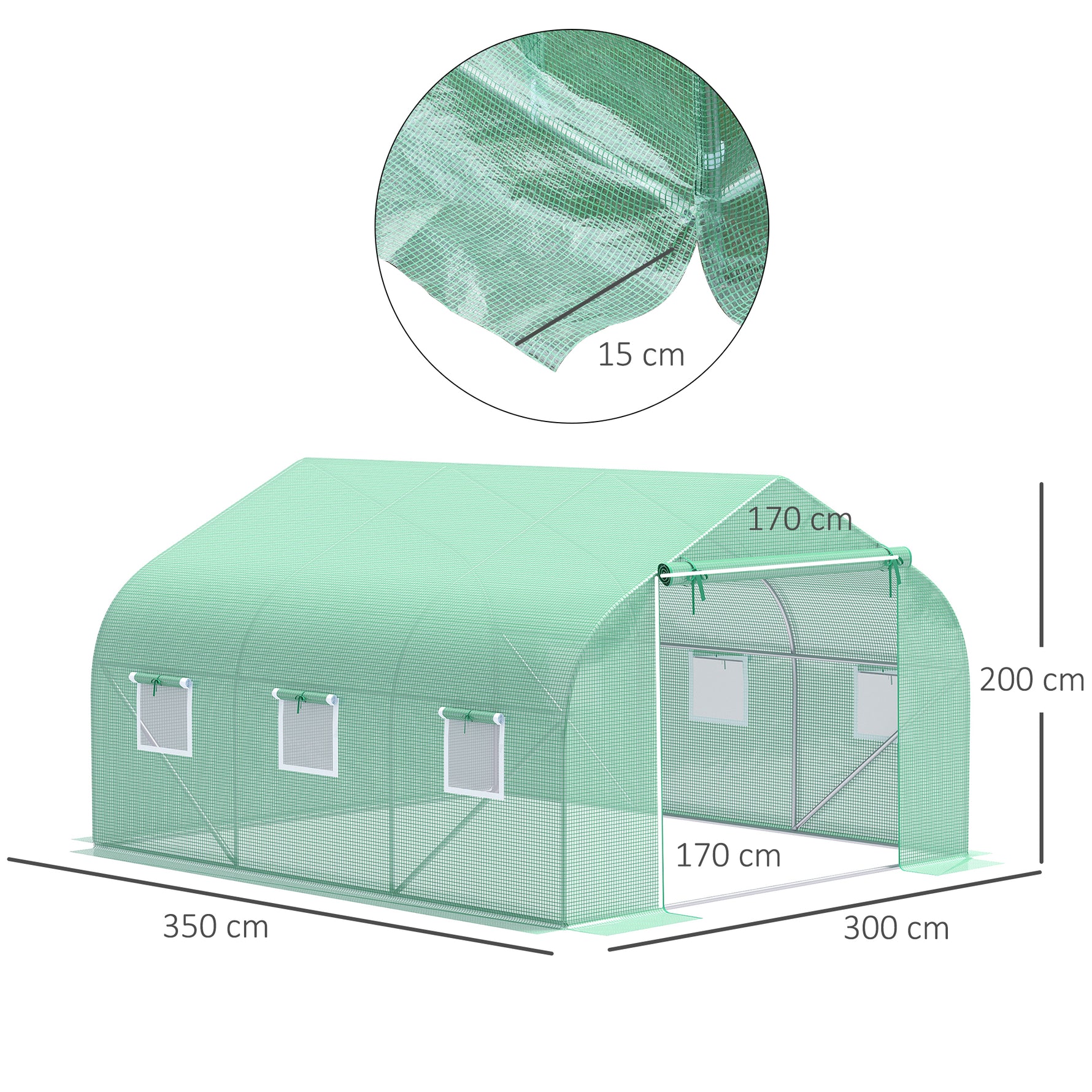 Serre Tunnel de Jardin 10,5 m² dim. 3,5L x 3l x 2H m Porte + 6 fenêtres enroulables Acier galvanisé bâche PE Haute densité Vert