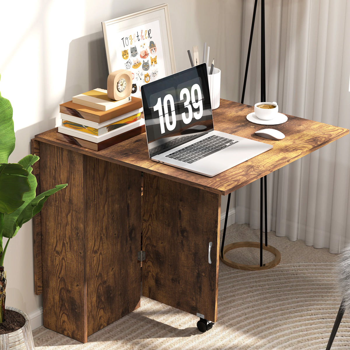 Table à Manger Pliante Mobile sur Roulettes, 2 Plateaux Rabattables, 2 Étagères Intégrées, 140x80x74cm, Brun Rustique