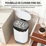 Poubelle cuisine 30L, poubelle à pédale, seau intérieur amovible, couvercle à fermeture douce, 36,5x31x61cm, blanc
