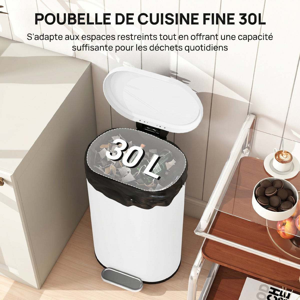 Poubelle cuisine 30L, poubelle à pédale, seau intérieur amovible, couvercle à fermeture douce, 36,5x31x61cm, blanc