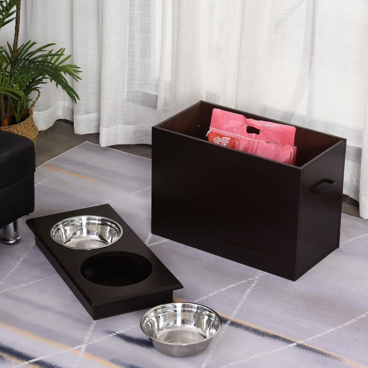 Gamelles chiens surélevées gamelle double chien chat Porte-gamelles surélevé 60L x 30l x 41H cm bois chocolat