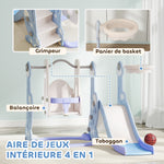 Toboggan et balançoire pour enfants 4 en 1 avec panier de basket et échelle, 147,5 x 160 x 107 cm, bleu clair