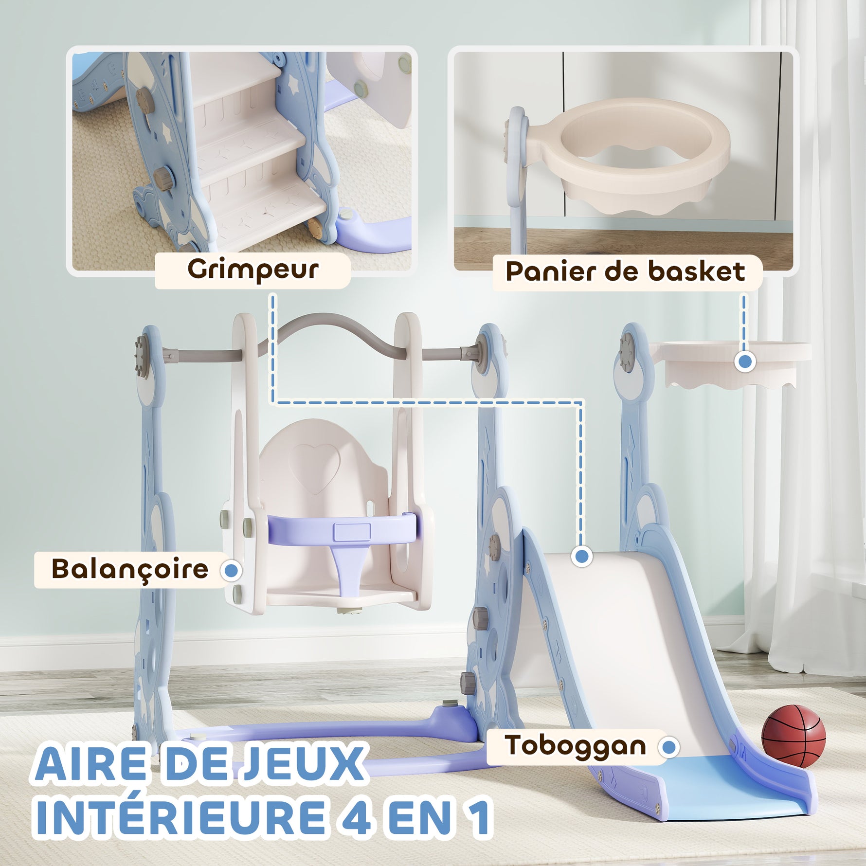 Toboggan et balançoire pour enfants 4 en 1 avec panier de basket et échelle, 147,5 x 160 x 107 cm, bleu clair