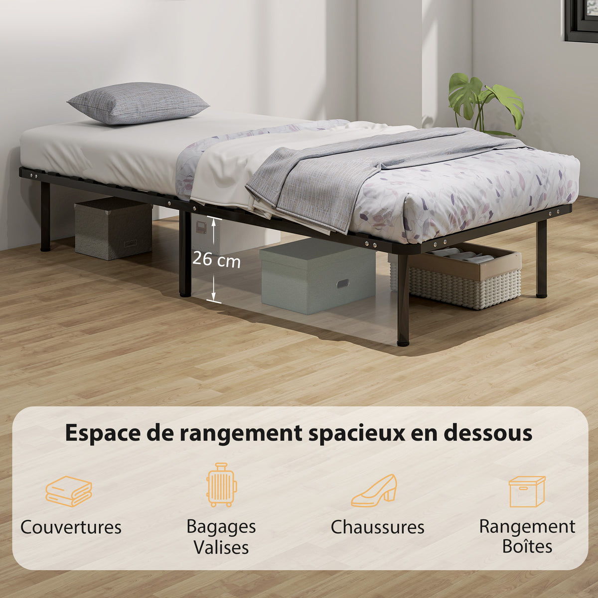 Struttura letto 90 x 190 cm, letto singolo con rete a doghe in legno massello e testiera, con vano contenitore sottostante, nero
