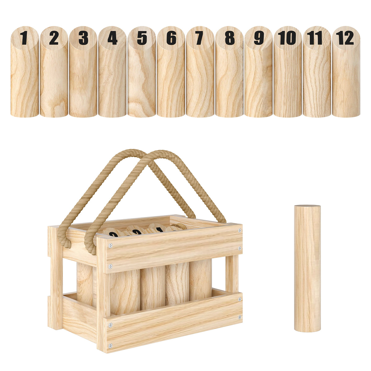 Jeu de quilles finlandaises, jeu de plein air en bois de pin 12 quilles 1 bâton 1 boîte de transport effet bois naturel