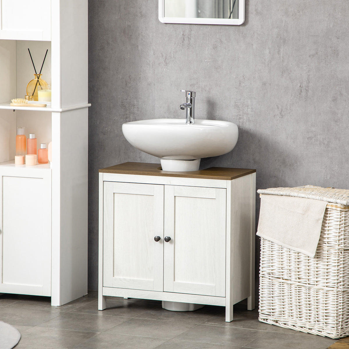 Wastafelonderkast badkamermeubel met 2 deuren en legplank 60 x 30 x 60 cm wit en houtlook