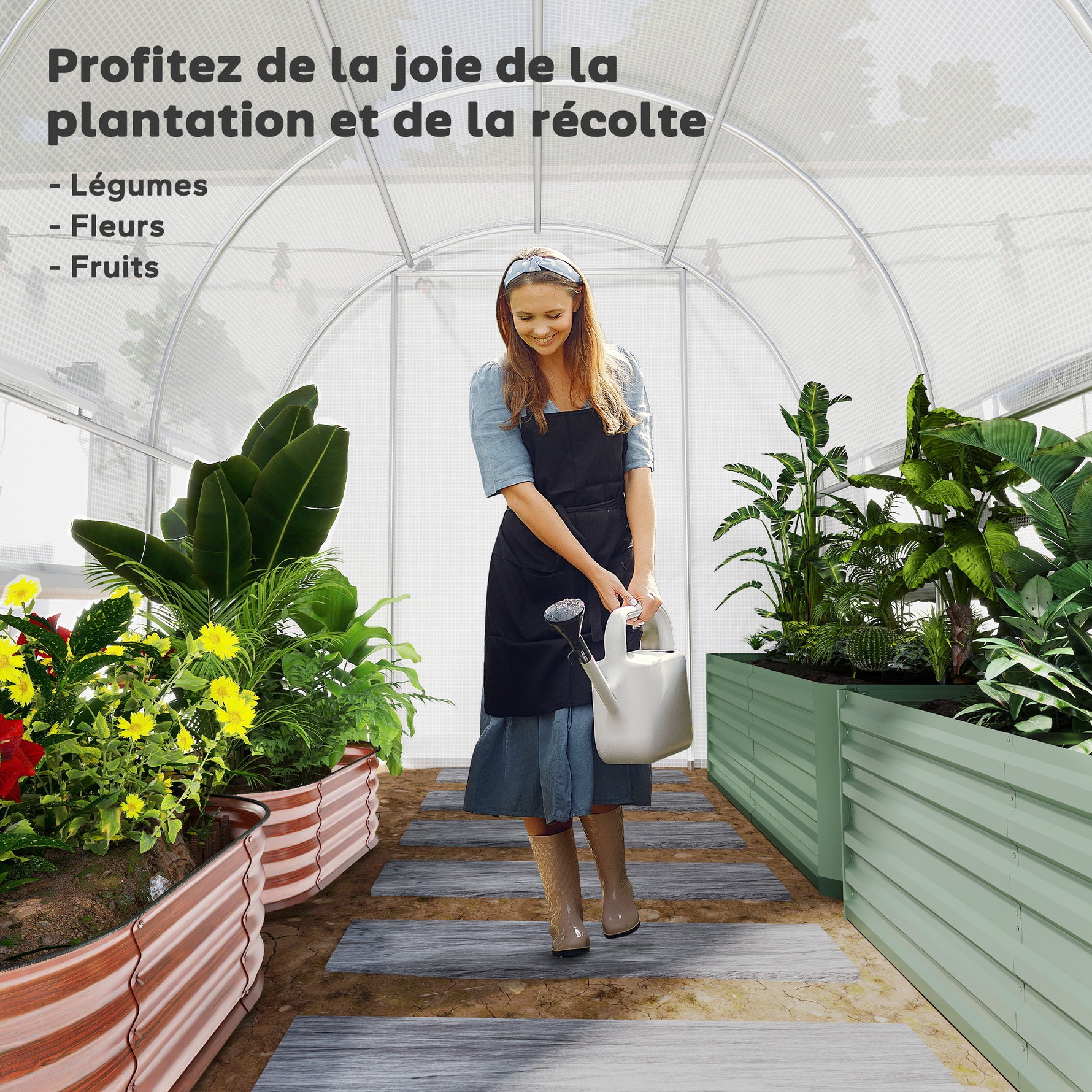 Serre de jardin tunnel serre tunnel 6 m² avec 6 fenêtres porte enroulable toile PE structure en acier galvanisé blanc