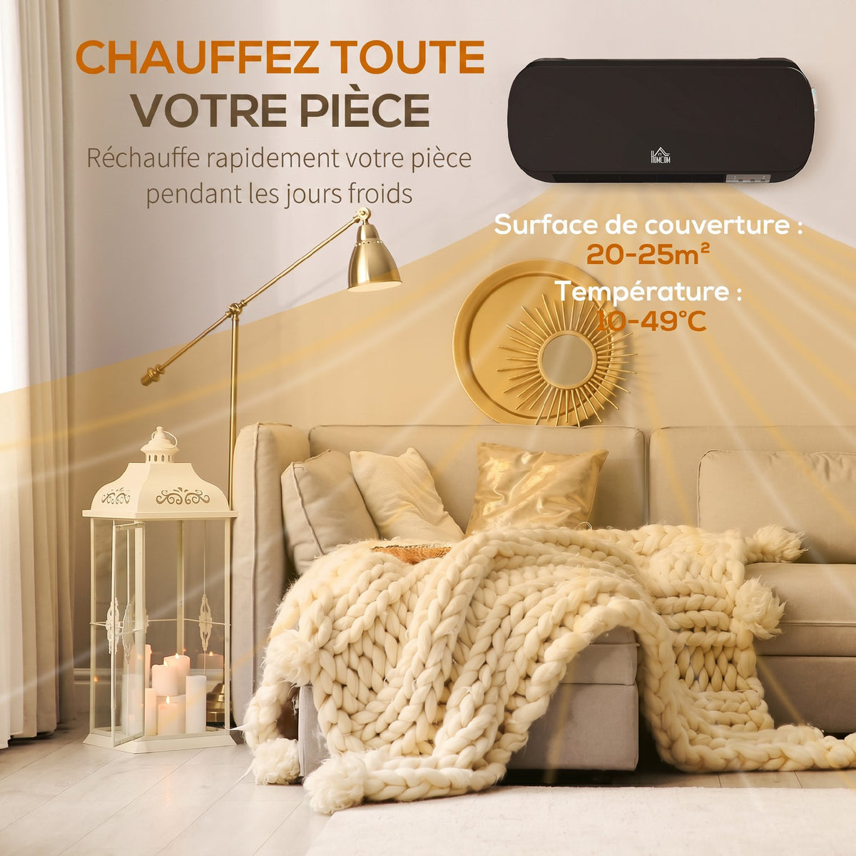 Radiateur Mural Soufflant 2000 W, Chauffage Céramique PTC, 3 Niveaux de Puissance, Télécommande, 45x18,6x11,5cm, Noir