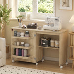 Table de couture pliante meuble couture à abattant avec bacs de rangement, étagère ouverte et roulettes, bois naturel