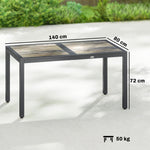 Table de jardin pour 4 à 6 personnes, table à manger extérieure avec plateau à effet bois, 140 x 80 x 72 cm, gris foncé