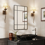 Miroir mural verrière rectangulaire style fenêtre, horizontal ou vertical avec 4 crochets, en métal noir - 90x60 cm