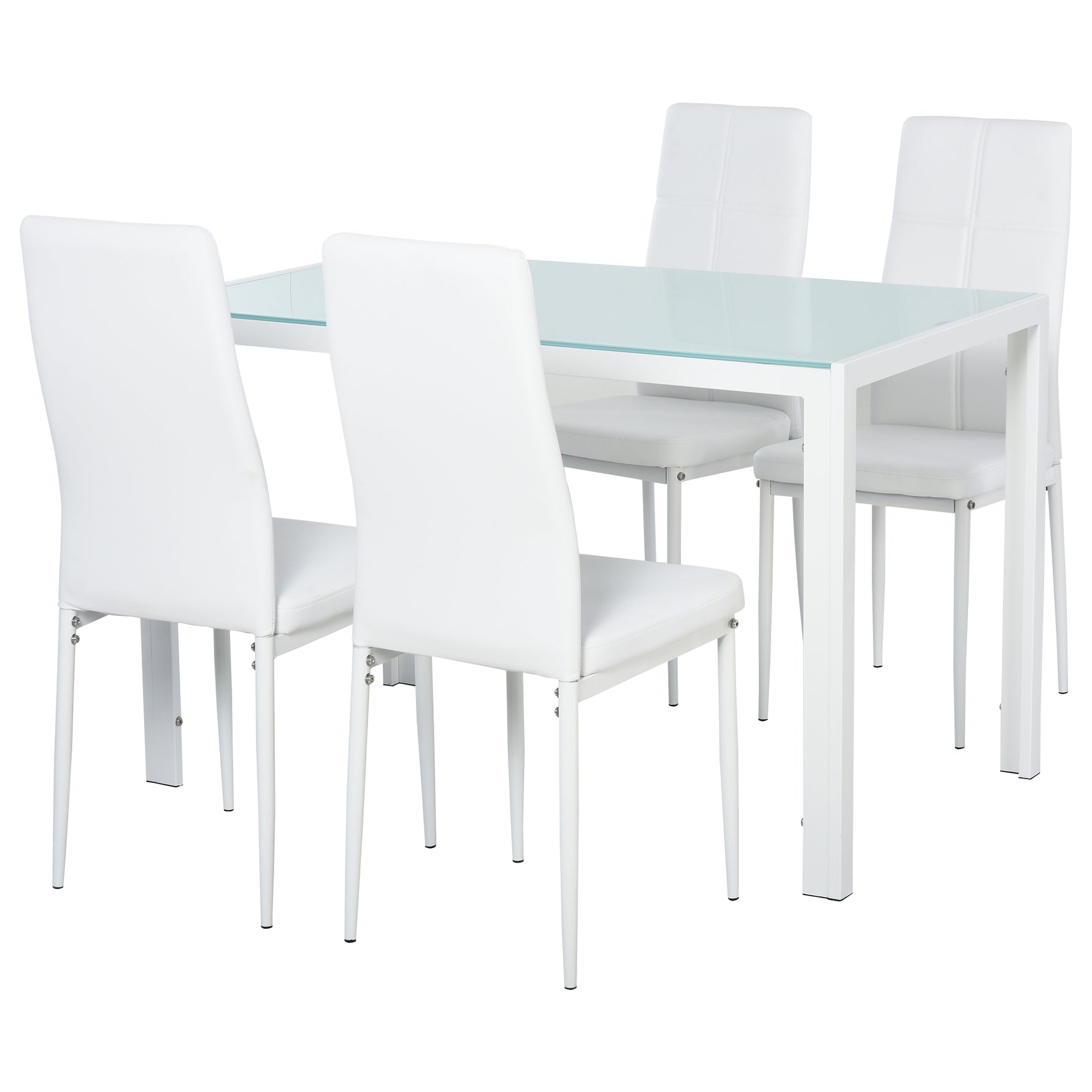 Ensemble table à manger et chaises pour 4 personnes, plateau rectangulaire en verre, pour cuisine salon maison, blanc