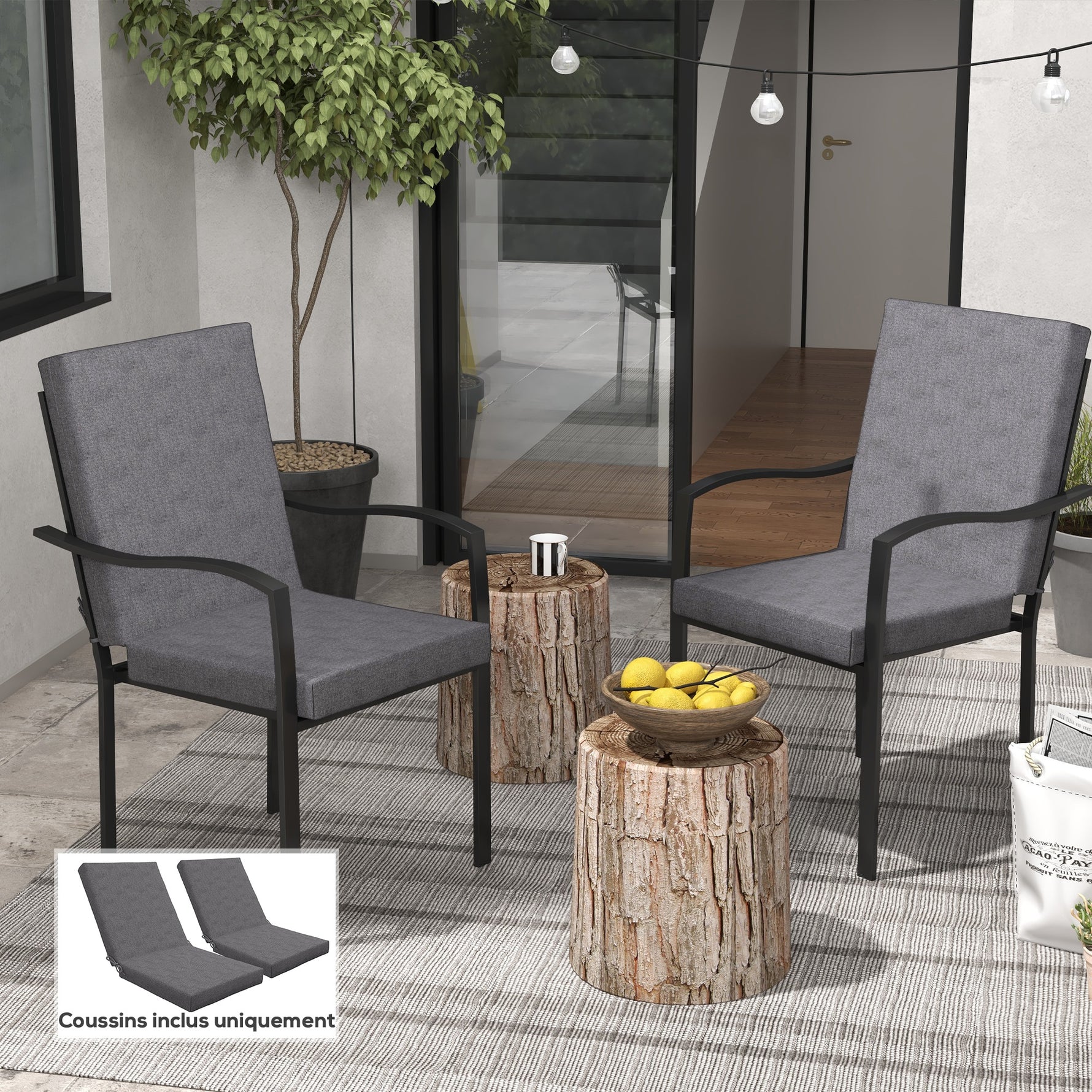 Lot de 2 coussins d'extérieur pour fauteuil chaise à dossier avec attaches rembourrage 8 cm, 112L x 51l cm, gris foncé