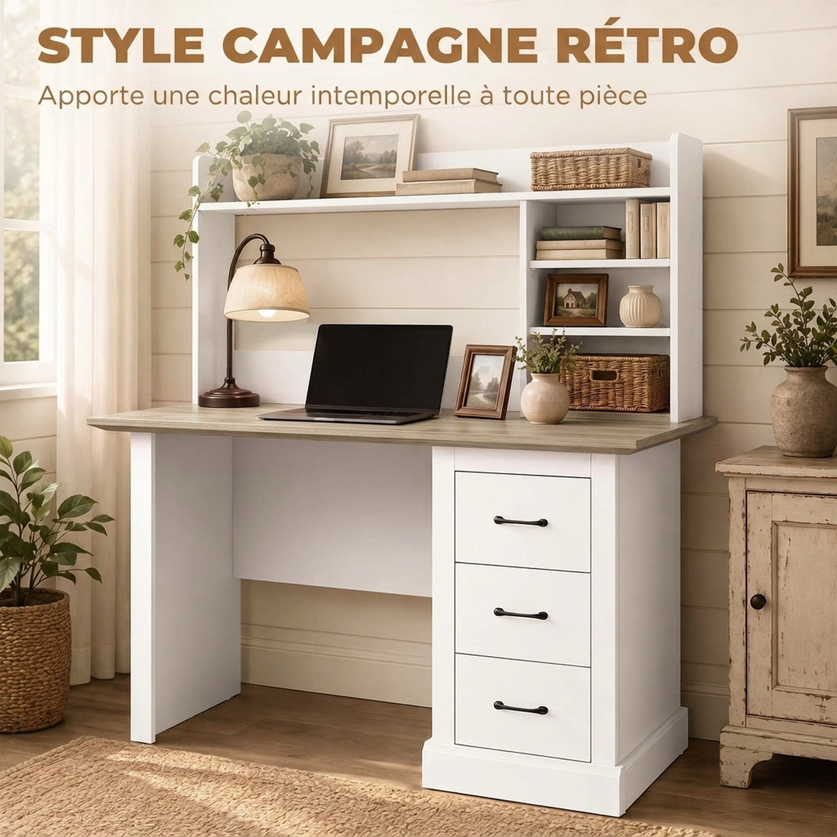 Bureau Informatique avec 3 Tiroirs, 120x55cm, Bureau avec Rangement, Étagères Ouvertes et Large Plateau, Chêne et Blanc