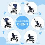 6-in-1-Dreirad für Kinder, Schiebegriff, wendbarer Sitz, Korb, Sonnendach, Sicherheitsgurt, 1-5 Jahre, Blau