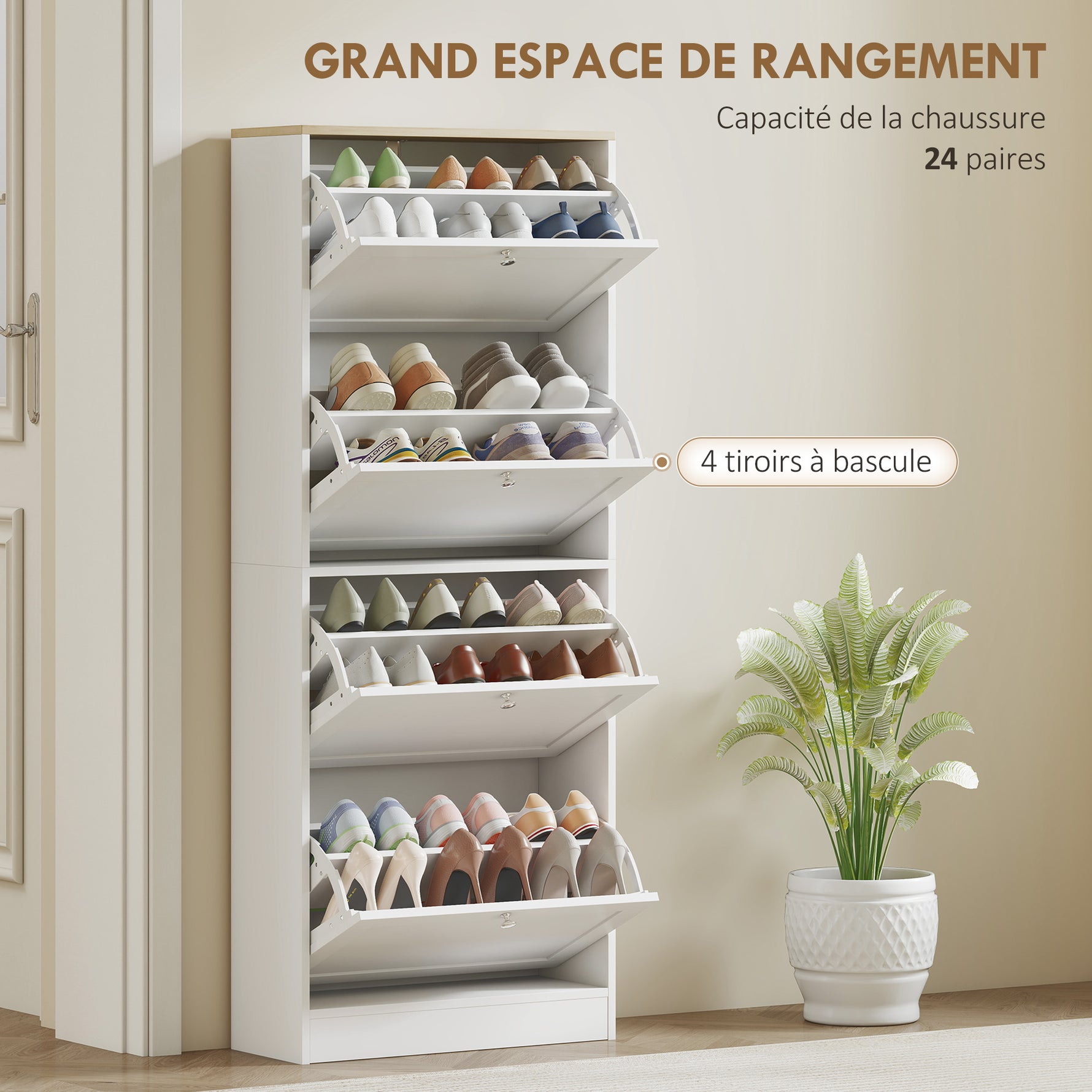 Meuble à chaussures 24 paires, armoire à chaussures avec 4 tiroirs rabattables, étagères réglables, 60x23,5x153cm, blanc