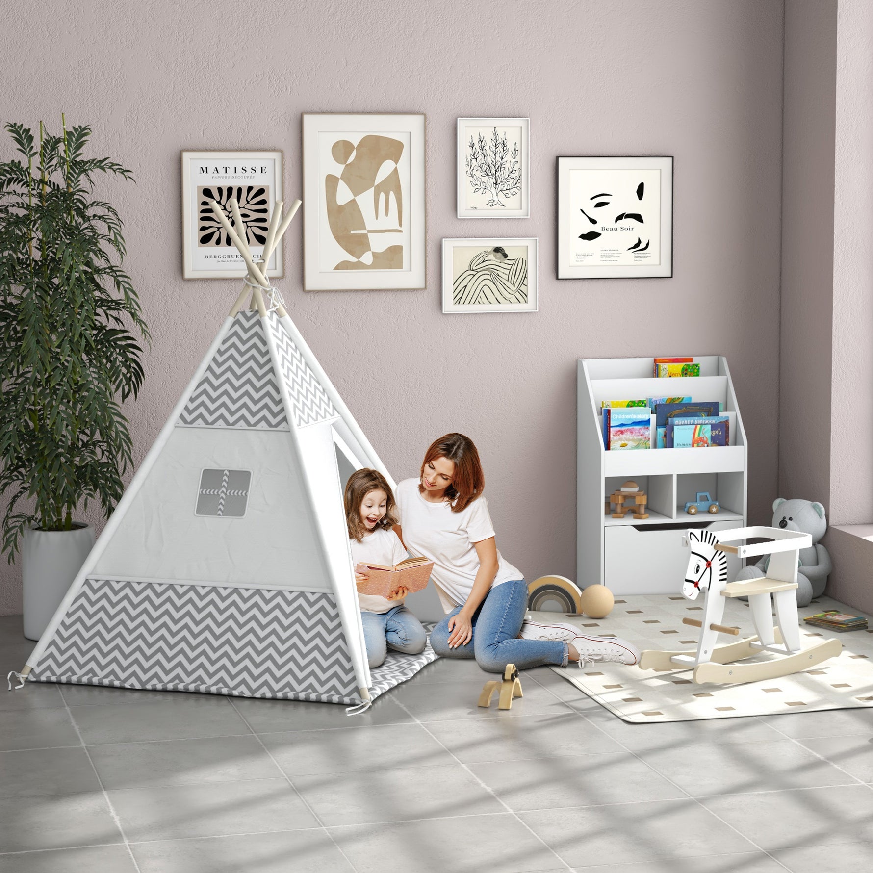 Tente Teepee Indien Tente de jeu pour Enfant Style Graphique - dim. 1,2L x 1,2I x 1,55H m - Porte refermable Fenêtre Tapis Coussin Sac Transport Inclus - à l'Intérieur à l'Extérieur Gris Blanc