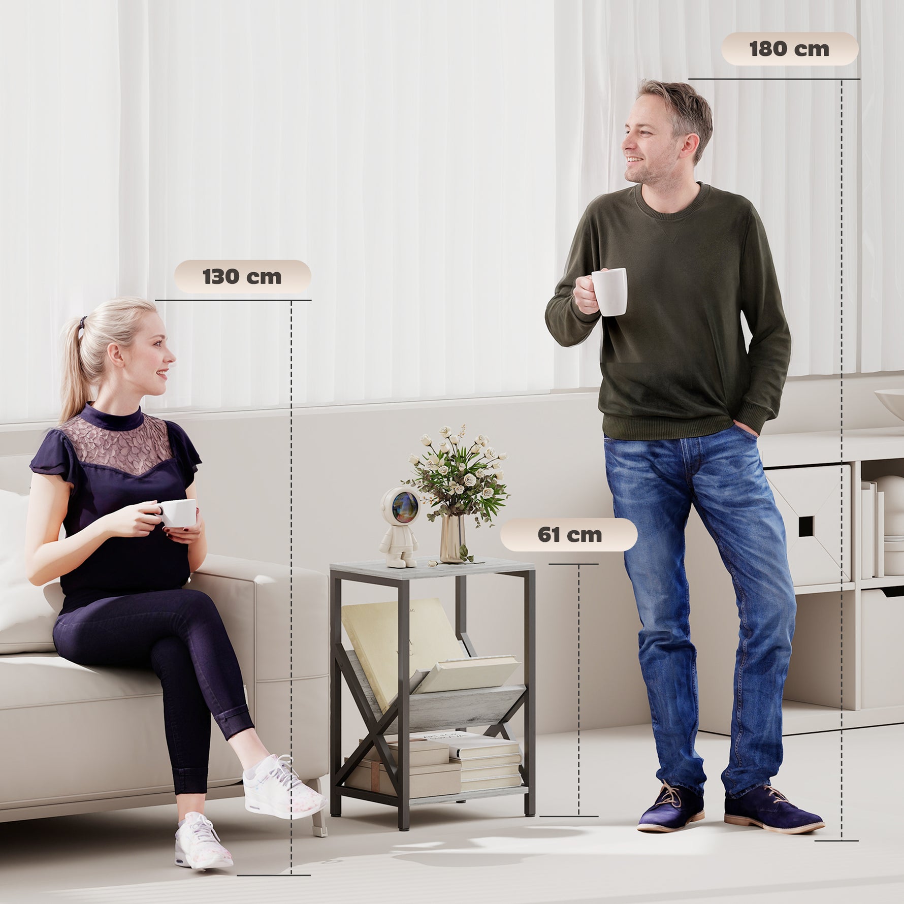 Table d'appoint étroite, bout de canapé rangement à 3 niveaux, porte-revues en V, cadre en acier, 40x30x61cm, gris foncé