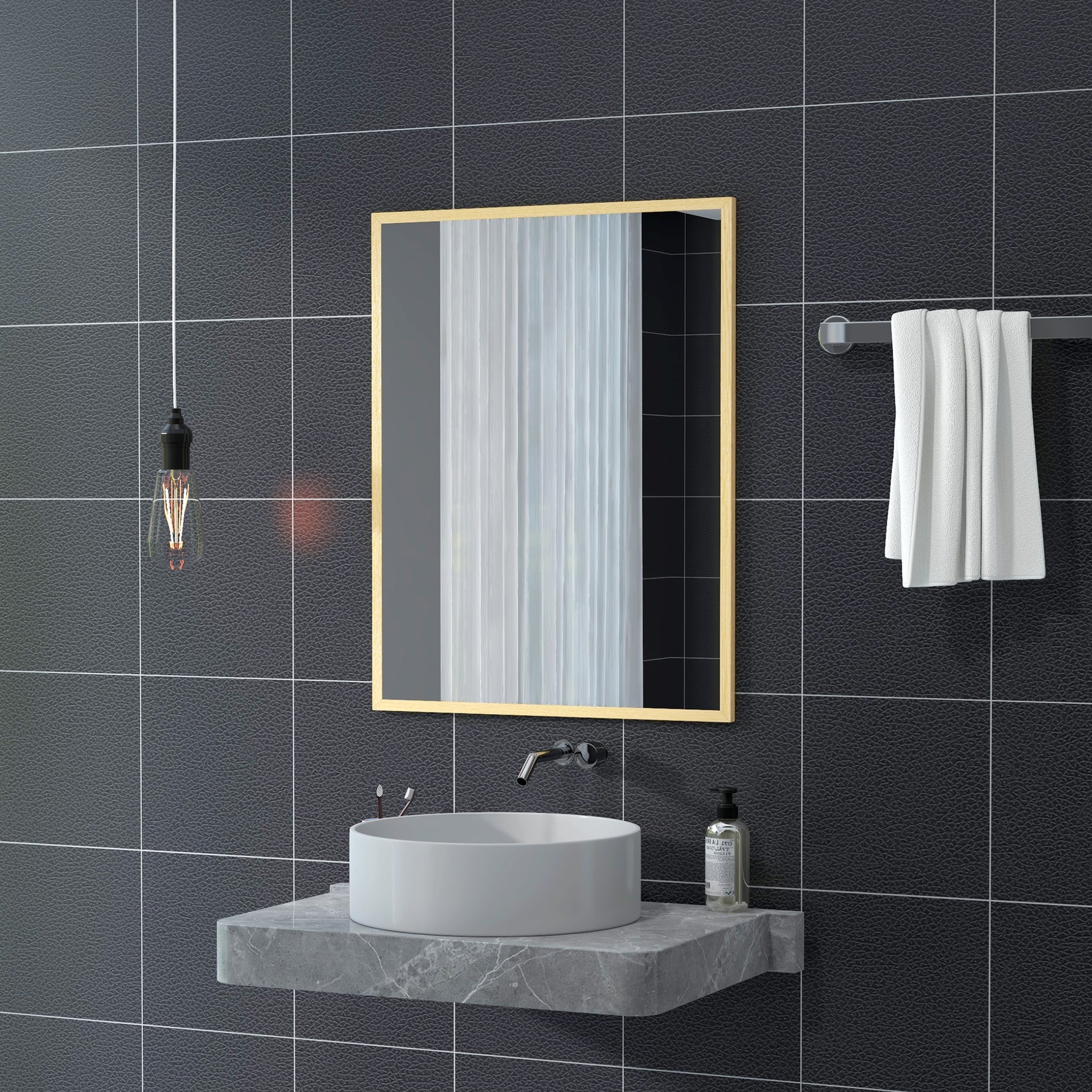 Miroir mural rectangulaire 90 x 70 cm, cadre en bois, idéal pour la salle de bain, salon ou chambre, naturel