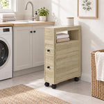 Badezimmer-Aufbewahrungsmöbel auf Rollen WC-Schrank Toilettenregal offenes Regal 2 Schubladen 16 x 52 x 71,5 cm Eiche