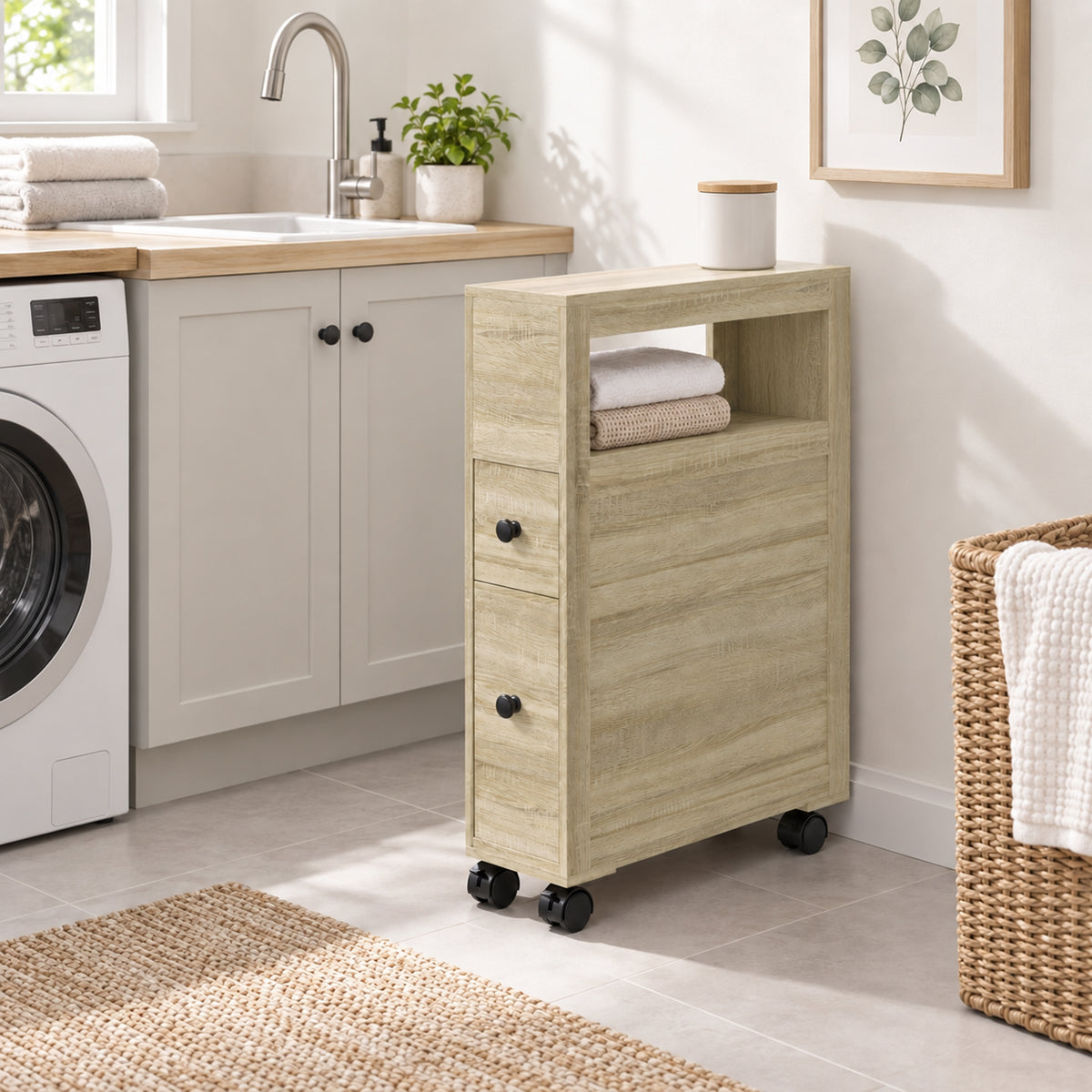 Badezimmer-Aufbewahrungsmöbel auf Rollen WC-Schrank Toilettenregal offenes Regal 2 Schubladen 16 x 52 x 71,5 cm Eiche