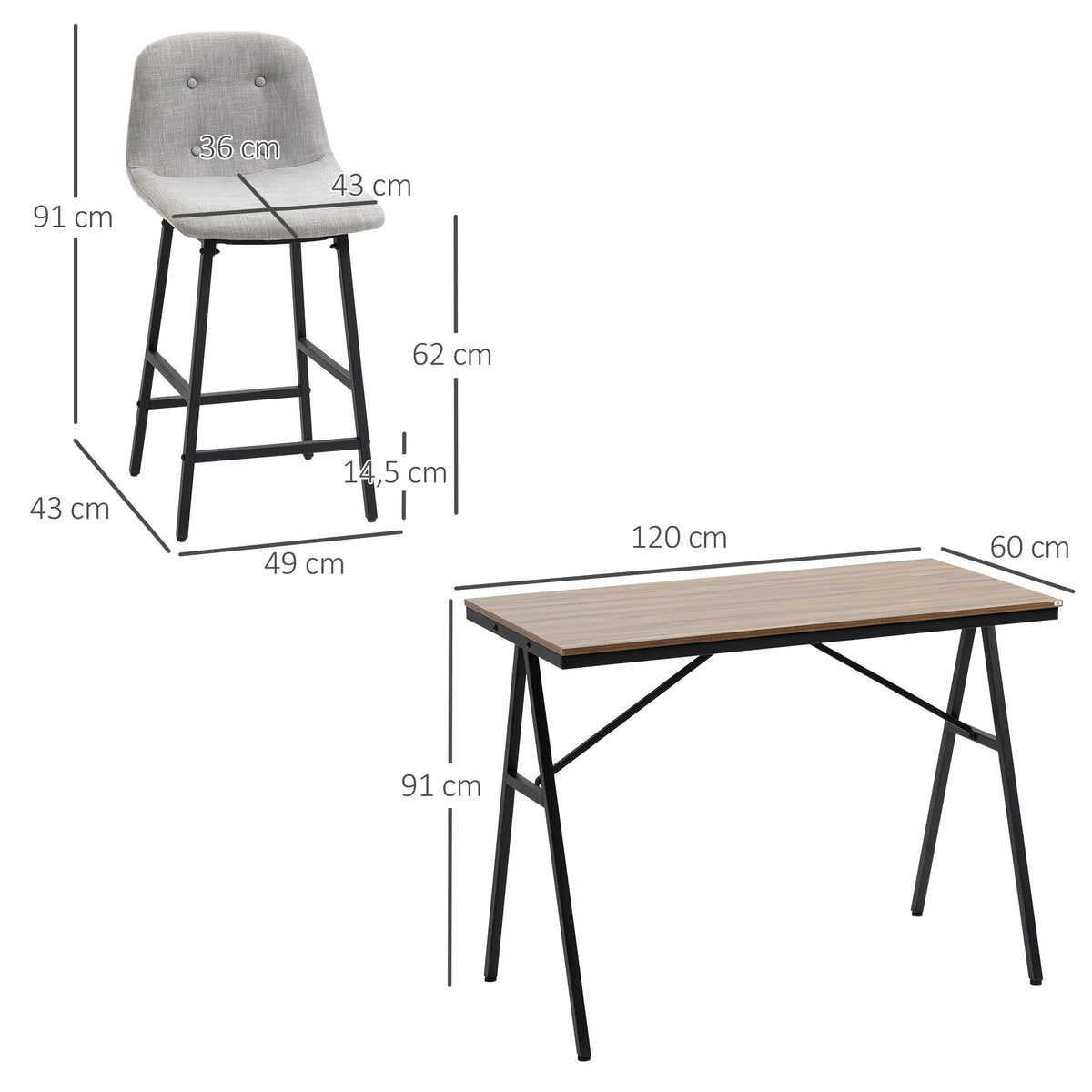 Bartafelset met krukken, statafel voor eetkamer met 4 gestoffeerde stoelen, stalen poten, 120x60x91 cm, grijs