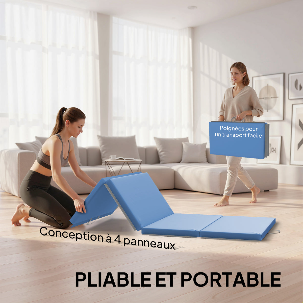 Tapis de gymnastique yoga pilates fitness pliable en 4 avec poignées revêtement synthétique 180 x 80 x 5 cm bleu clair
