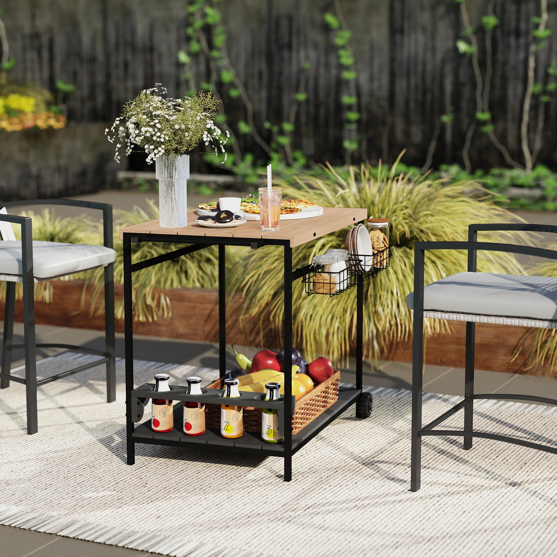 Desserte de jardin chariot pour plancha barbecue en bois et métal avec poignée 2 plateaux 2 paniers et porte-bouteilles