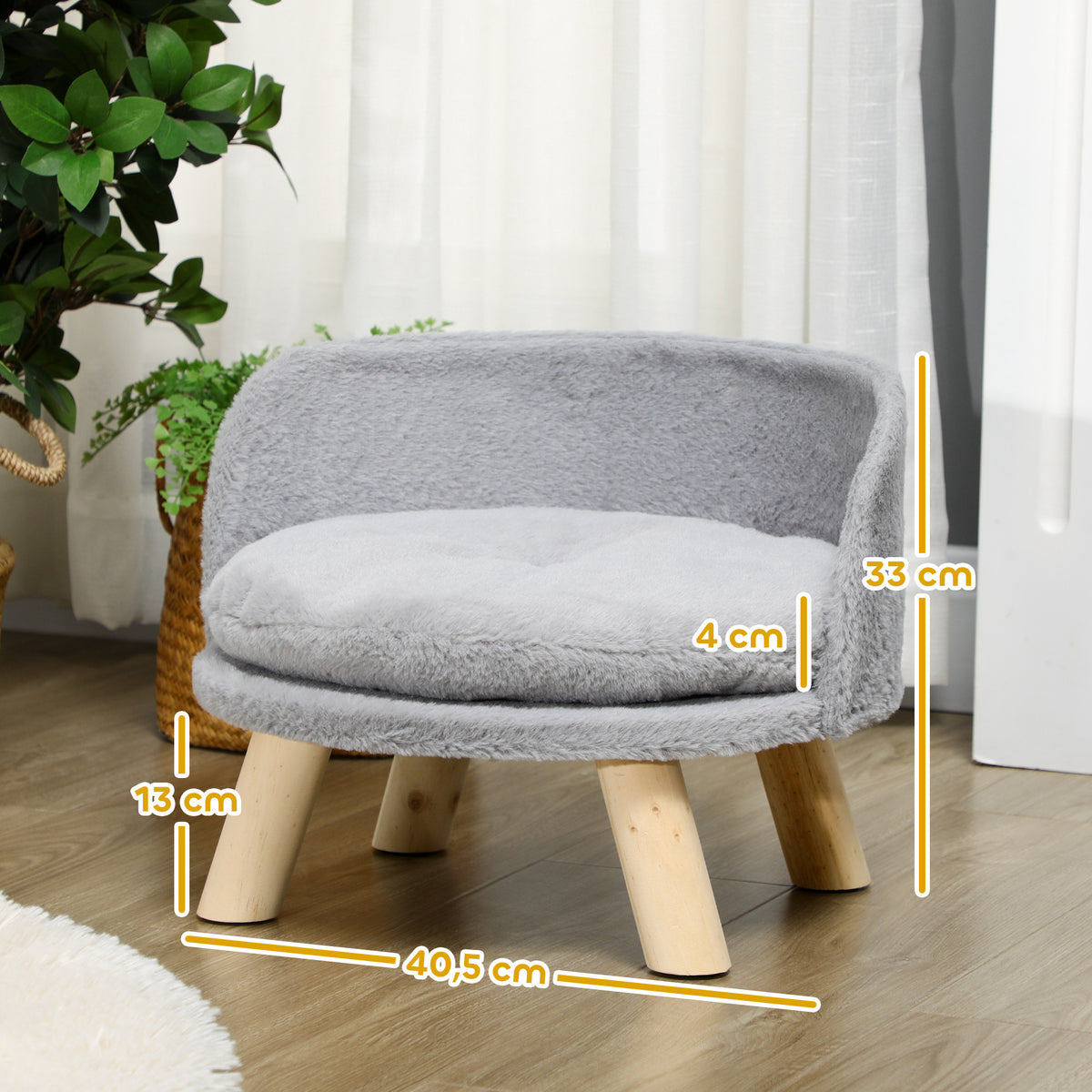 Canapé lit panier pour chien design scandinave coussin moelleux amovible pieds en bois Ø 40,5 x 33H cm gris