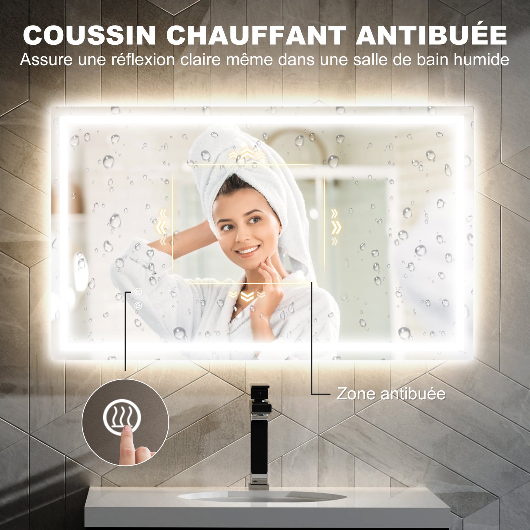 Miroir salle de bain éclairage LED miroir lumineux salle de bain mural interrupteur tactile lumière 3 couleurs 100 x 60 cm