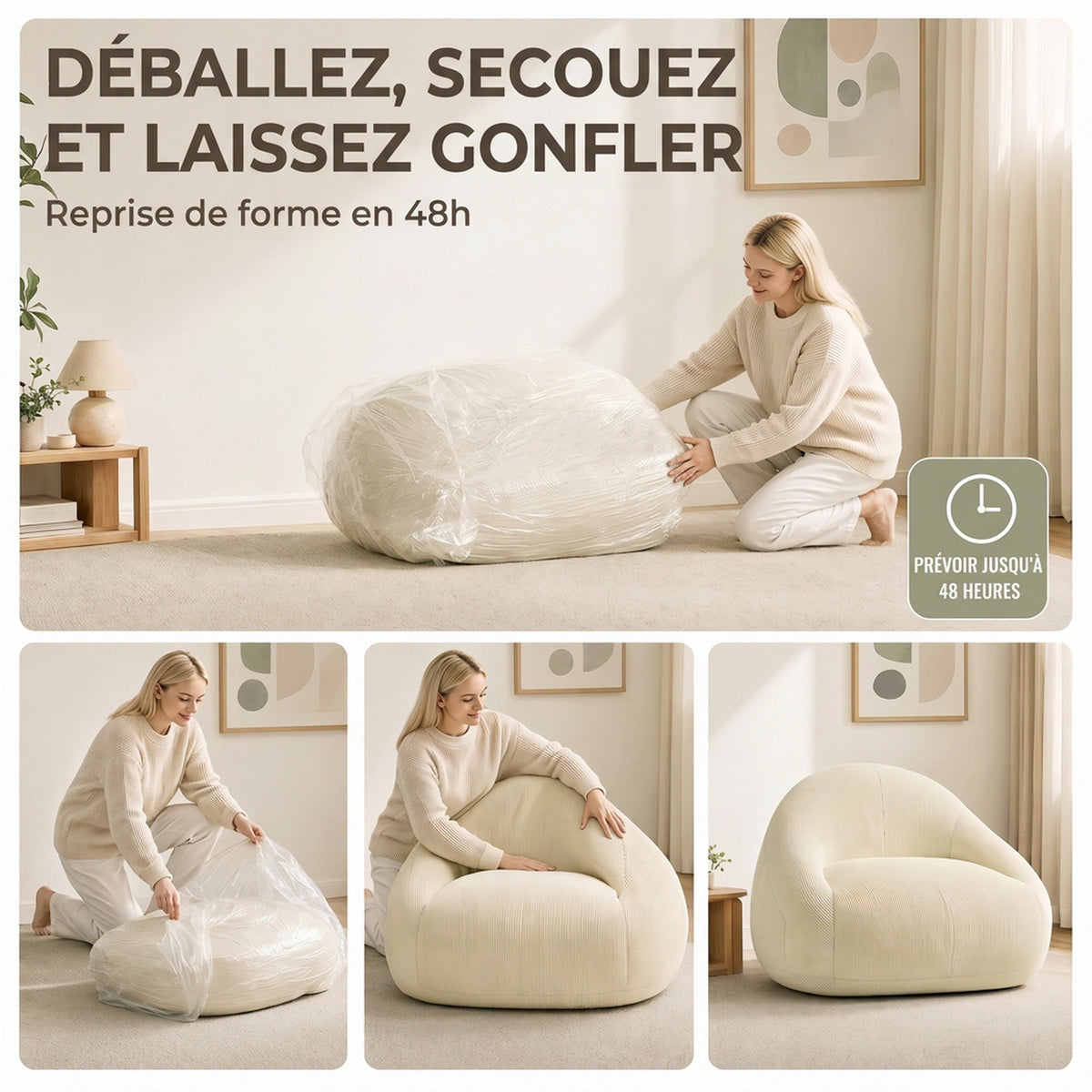 Pouf per adulti in velluto a coste, imbottito in schiuma, forma avvolgente, senza montaggio, 114x121x60 cm, crema
