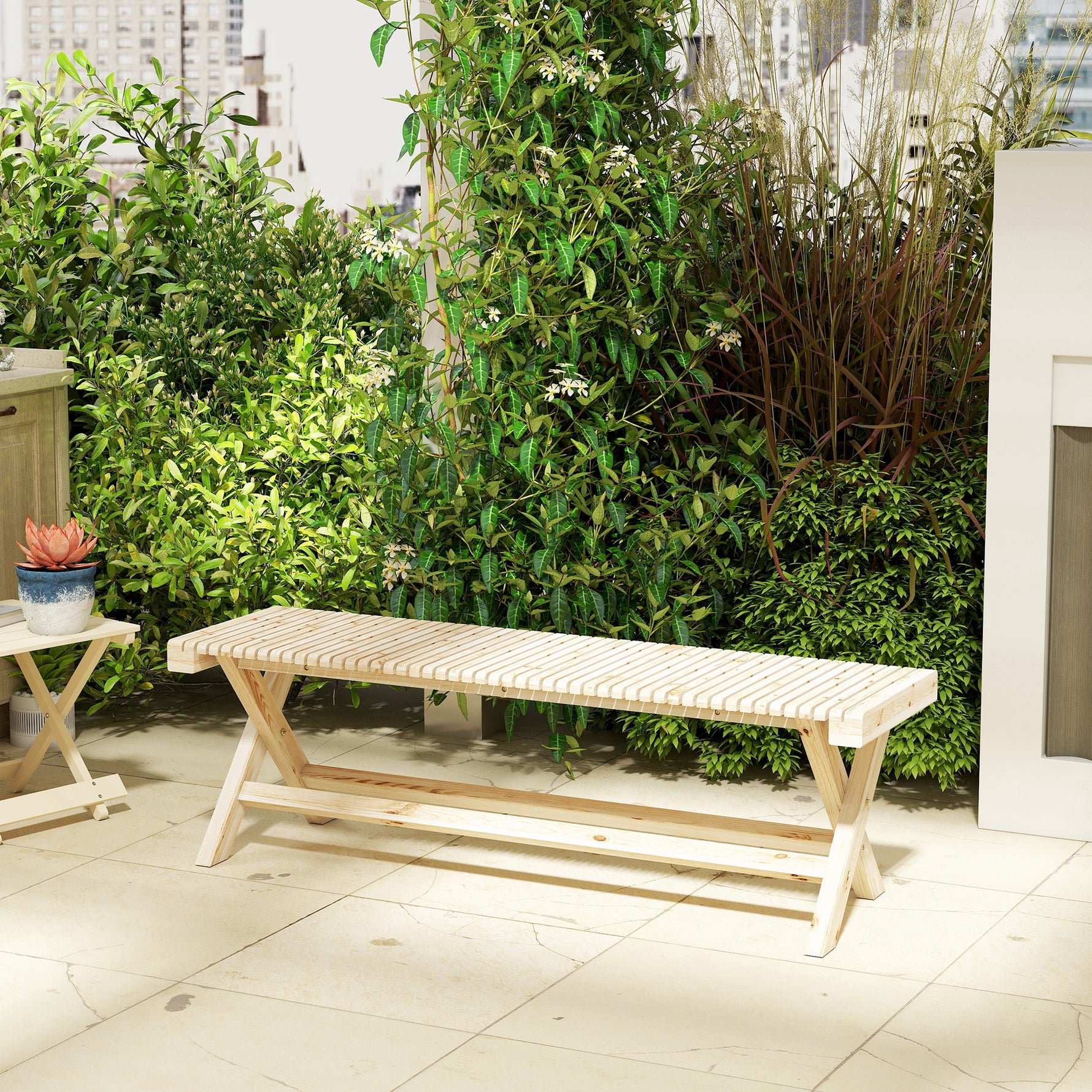 Banc de Jardin en Bois massif, Banquette de Jardin avec Assise à Lattes Effet Bois, 140 x 40 x 43 cm, Bois Naturel