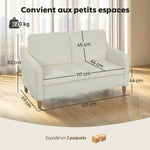 Canapé 2 places, canapé de salon en tissu bouclette avec coussins inclus, assise rembourrée, 137 x 69 x 82 cm, crème