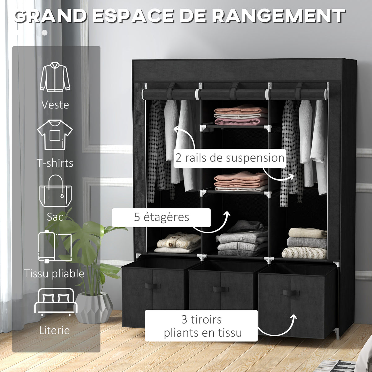 Armoire de rangement en tissu pliable avec 5 étagères, 2 tringles et 3 tiroirs en tissu 125L x 43l x 162.5H cm
