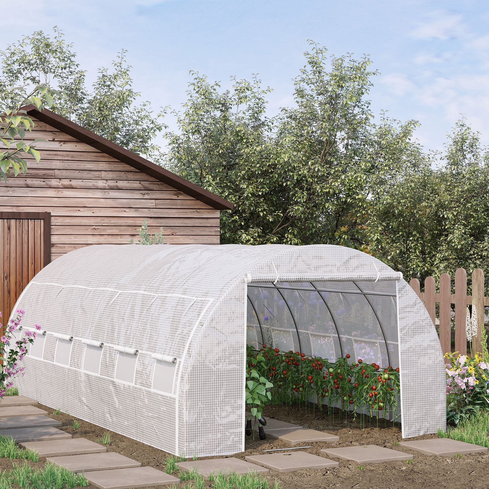 Serra da giardino 18 m² 6L x 3P x 2A m con porta + pareti laterali avvolgibili con cerniera, 12 finestre, acciaio PE