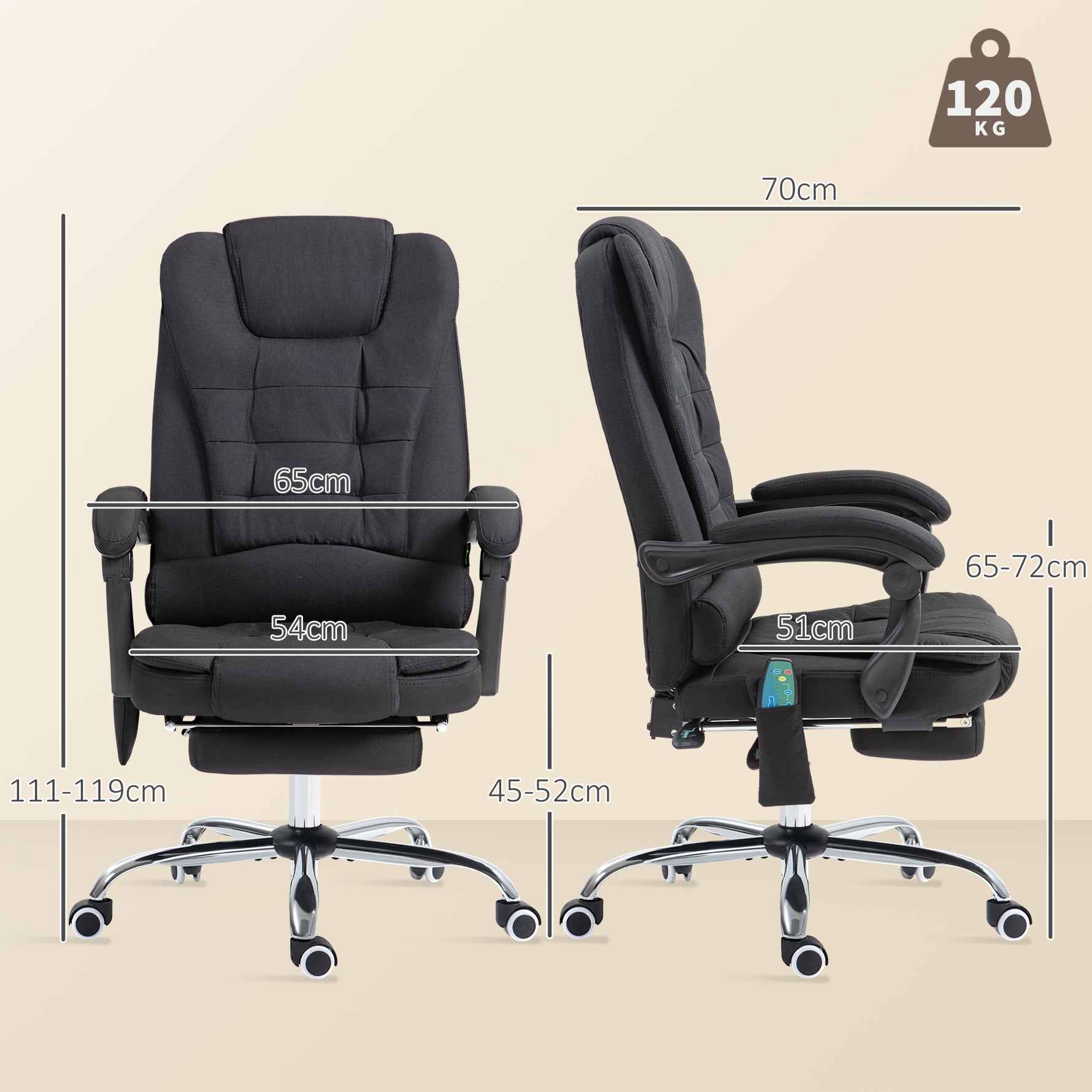 Fauteuil de bureau direction massant chauffant hauteur réglable dossier inclinable toile de lin noir