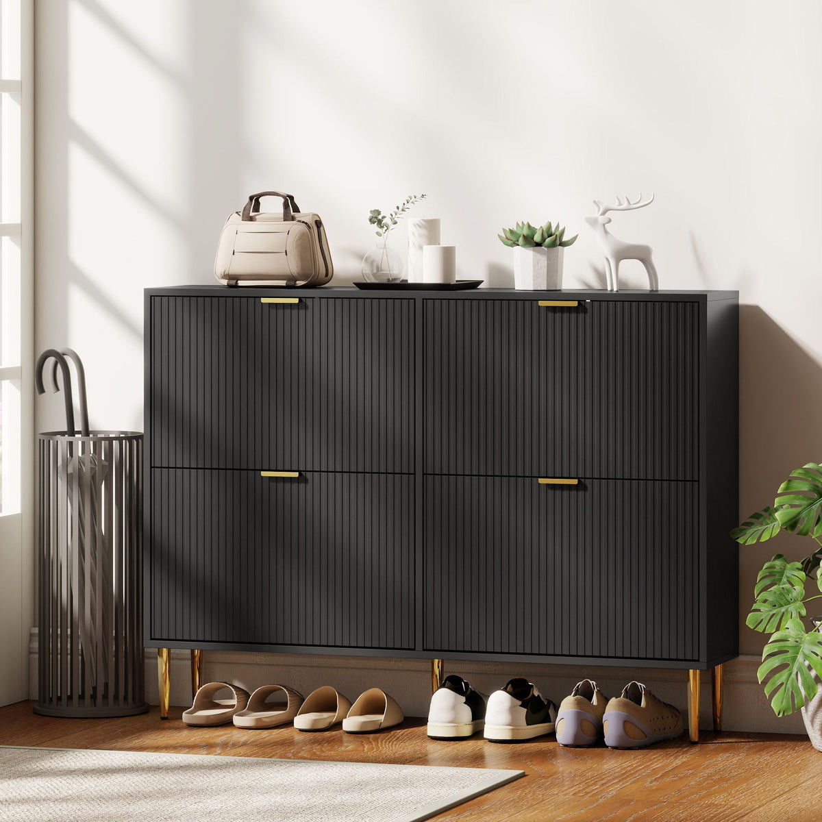 Meuble à chaussures 20 paires avec 4 tiroirs rabattables, portes cannelées et étagères réglables, 105x24x91,5cm, noir