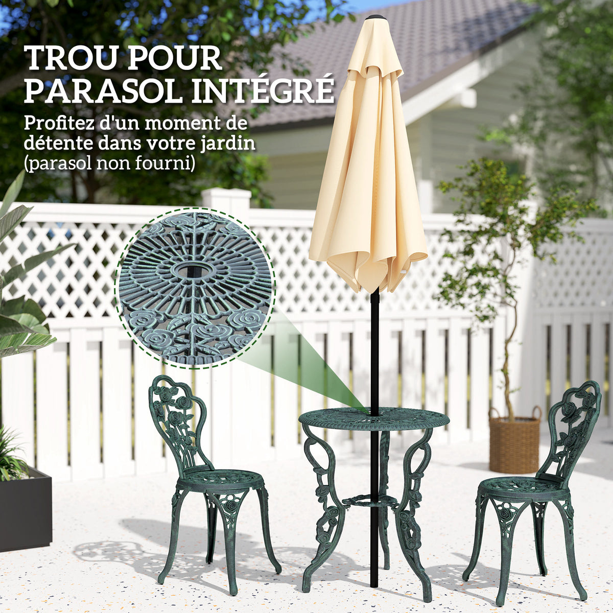 Ensemble Salon de Jardin 2 Places 2 chaises + Table Ronde Style néo-rétro Motif Rose Lignes fuselées Fonte