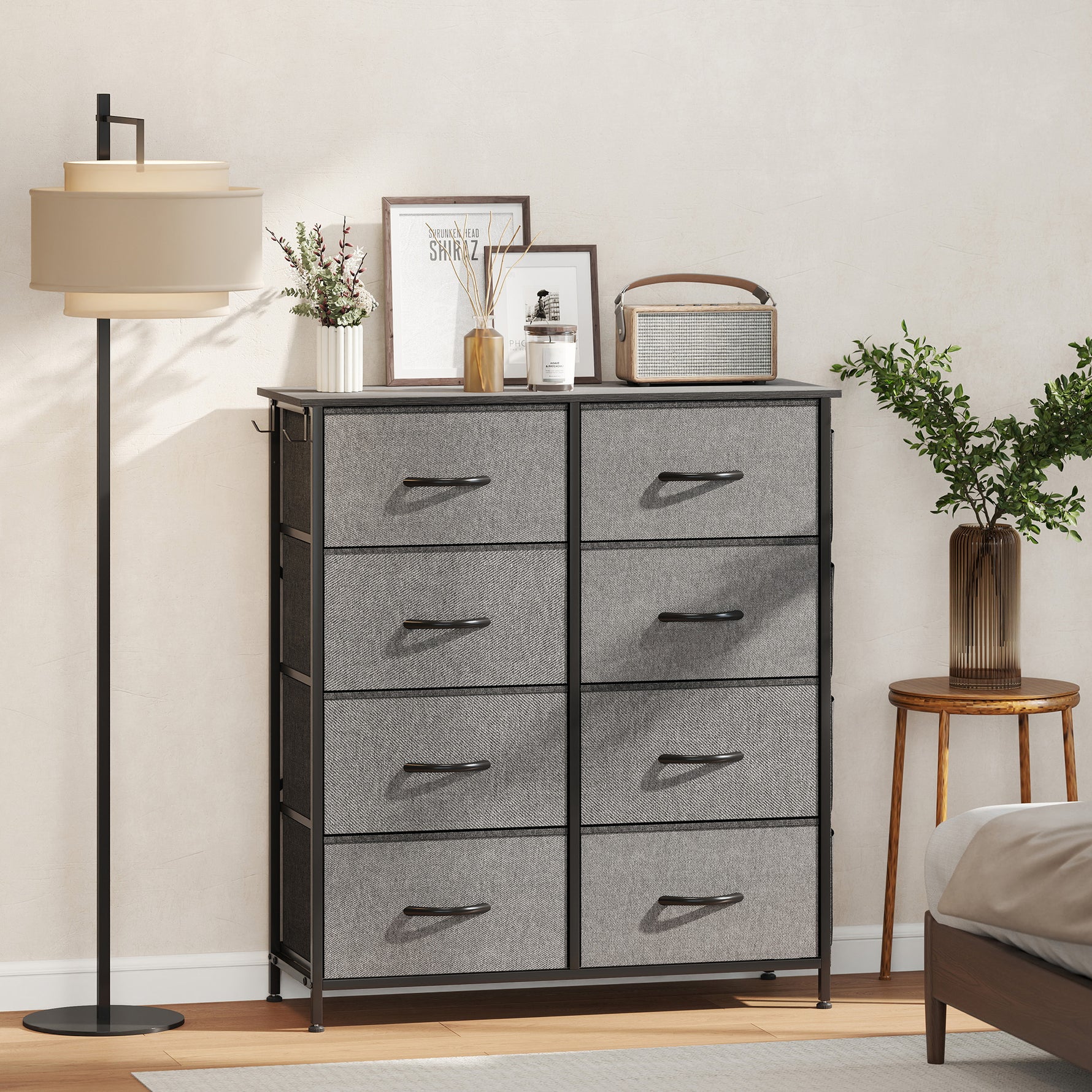 Commode 8 tiroirs en tissu, meuble de rangement avec 4 poches, 2 crochets, structure en acier, 86 x 30 x 94,5 cm, gris