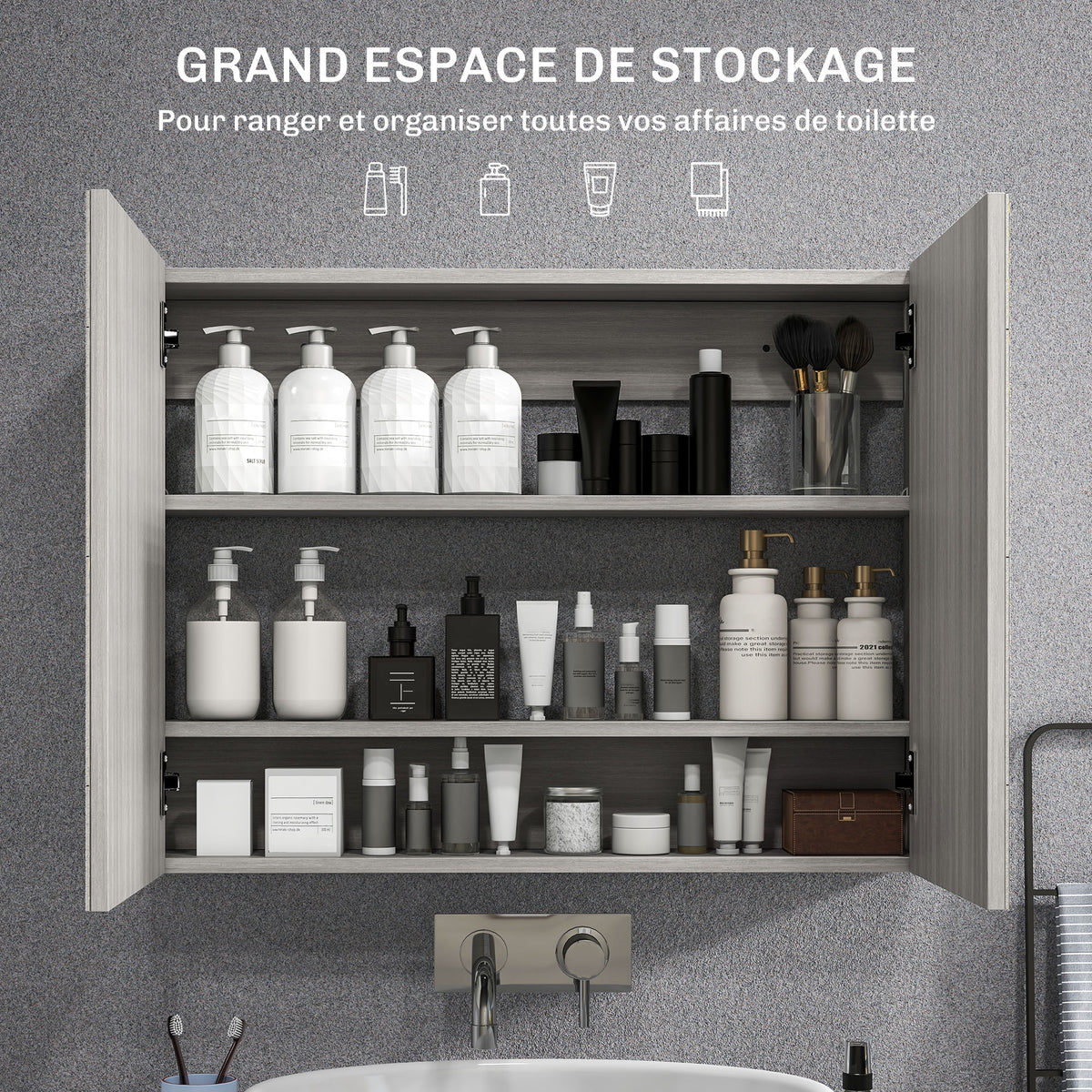 Armoire murale salle de bain avec miroir, meuble salle de bain, double portes et étagères réglables, 80x15x60cm, gris