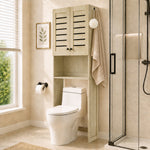 Meuble WC dessus de toilette/machine à laver avec placard à porte double, portes à persiennes, 67x31,5x190cm, chêne