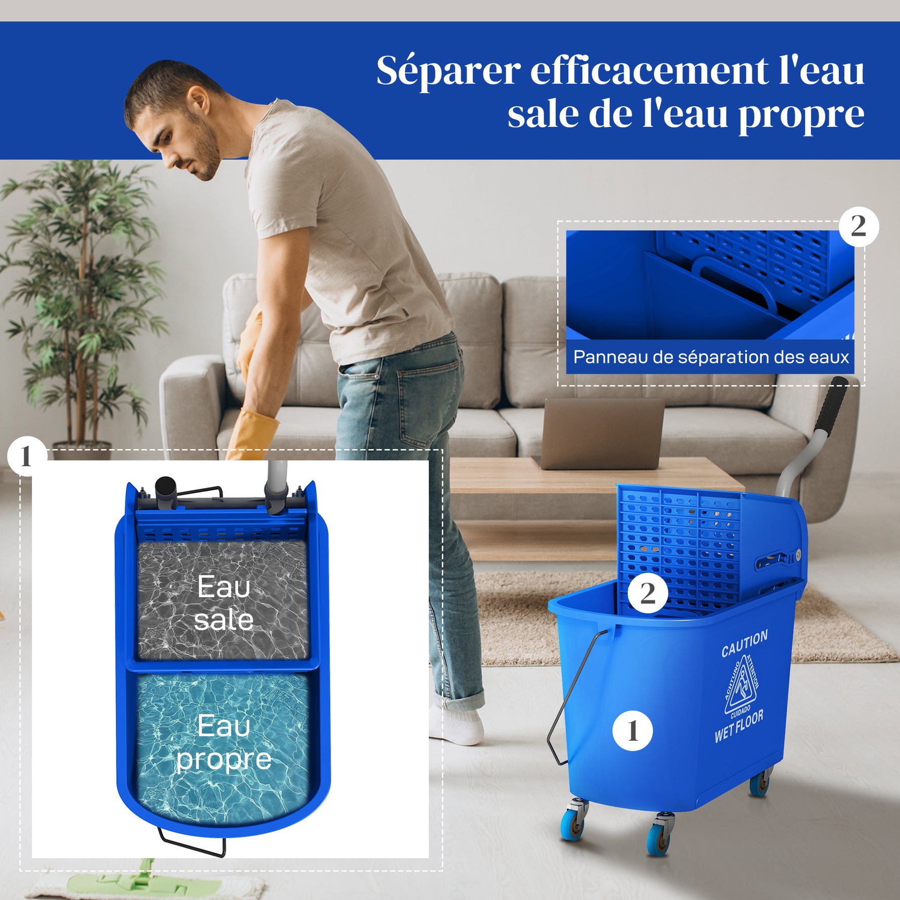 Chariot de nettoyage lavage seau de ménage 20 L avec essoreur et séparateur eau sale propre bleu 60L x 27l x 70,5H cm