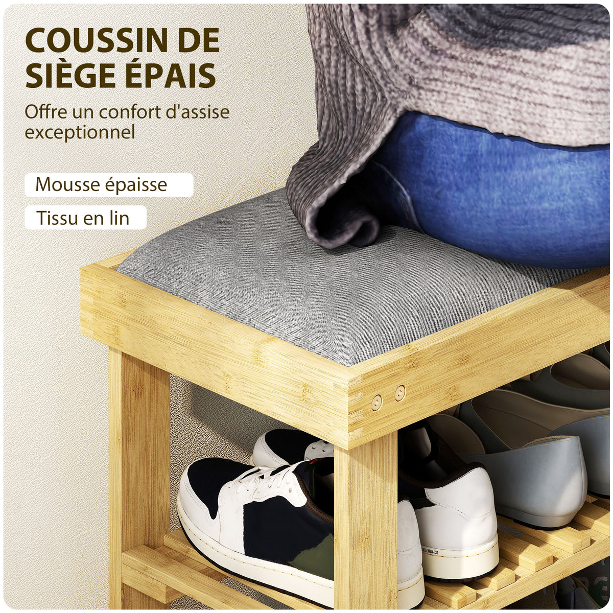 Banc à chaussures en bambou, étagère à chaussures à 3 niveaux, style scandinave, 60 x 29 x 49 cm, gris et bois naturel